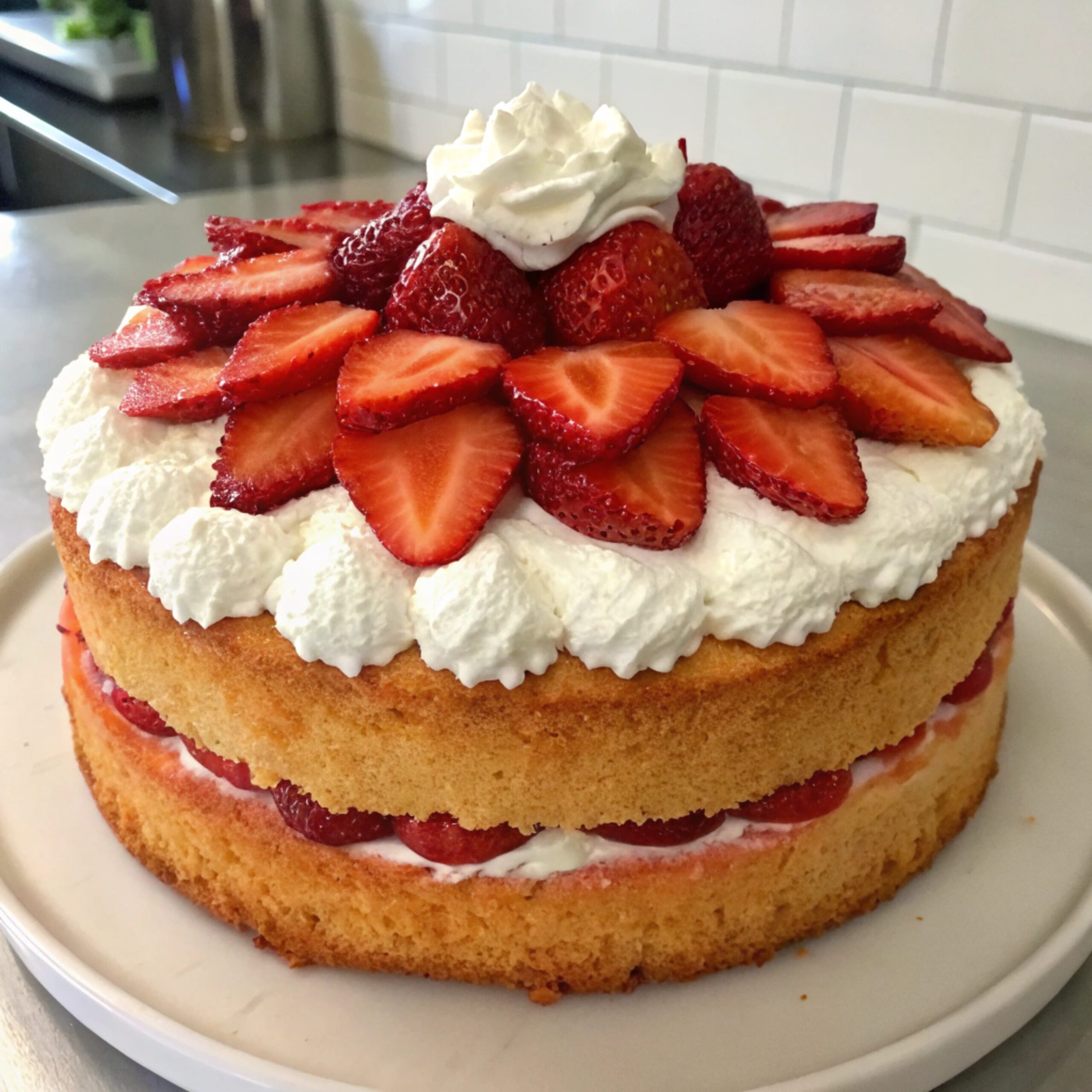 Classic strawberry shortcake layered with whipped cream and fresh strawberries on a white plate.