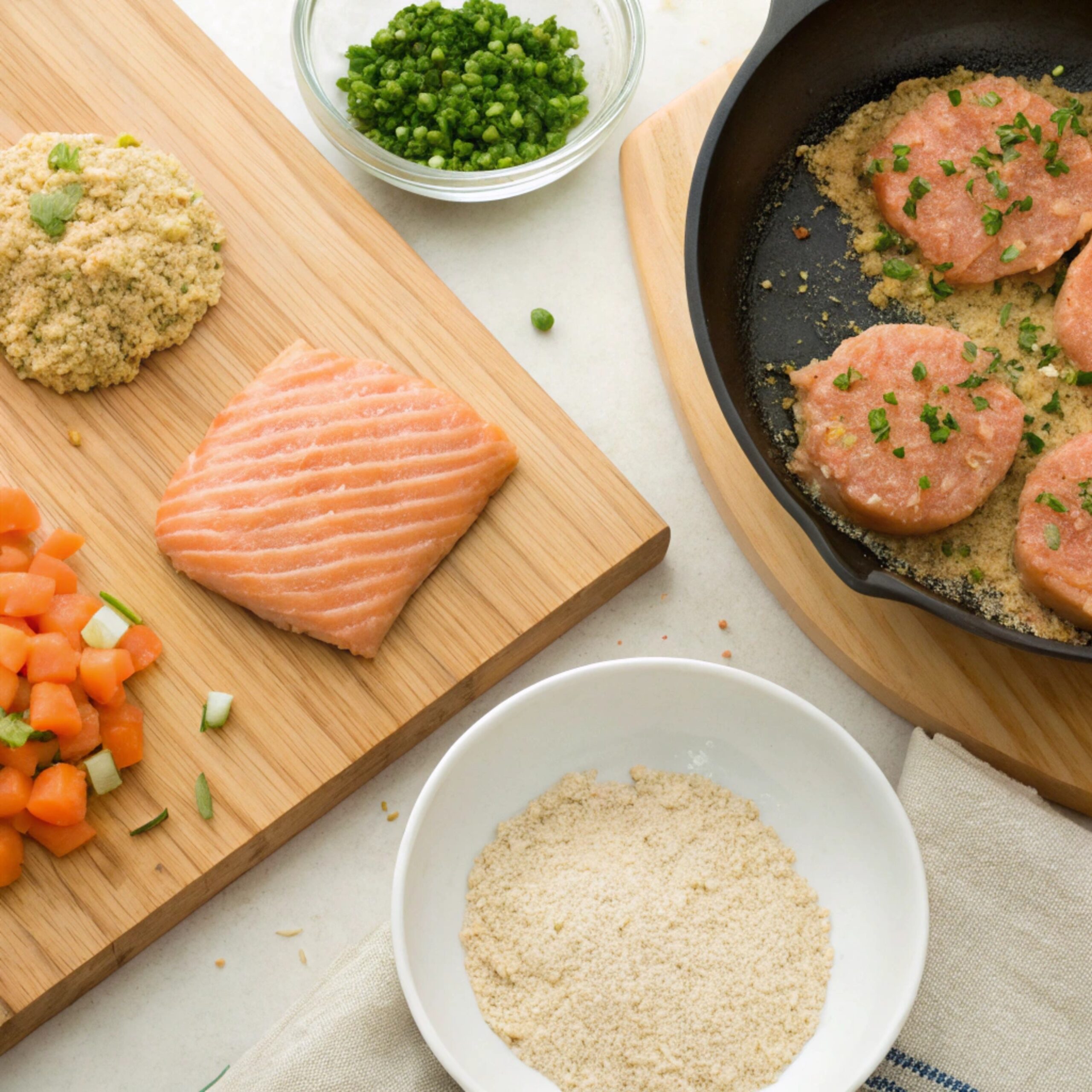 Step-by-step process of making salmon patties, including mixing ingredients, shaping patties, and pan-frying them