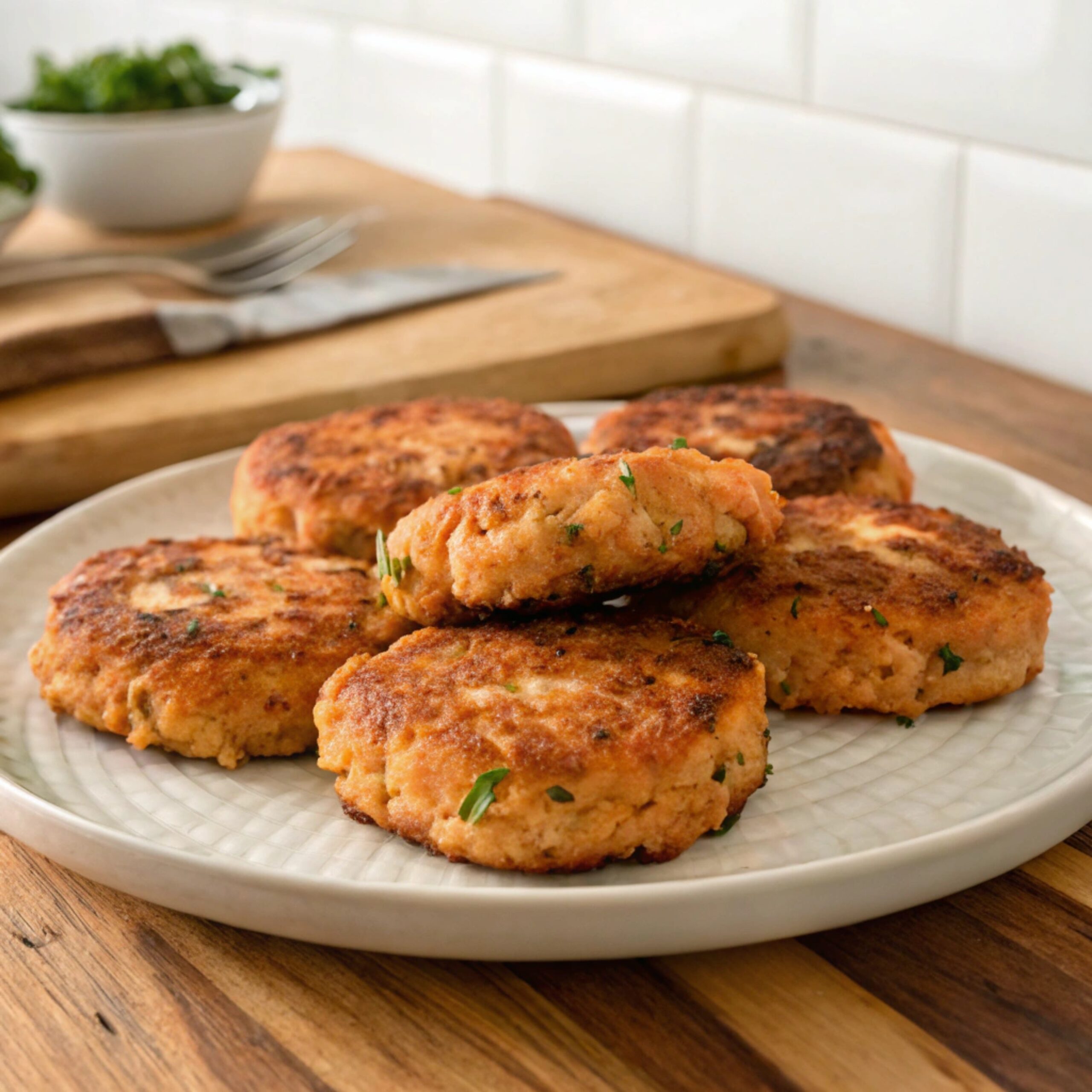  Homemade salmon patties served with lemon wedges and fresh herbs on a plate