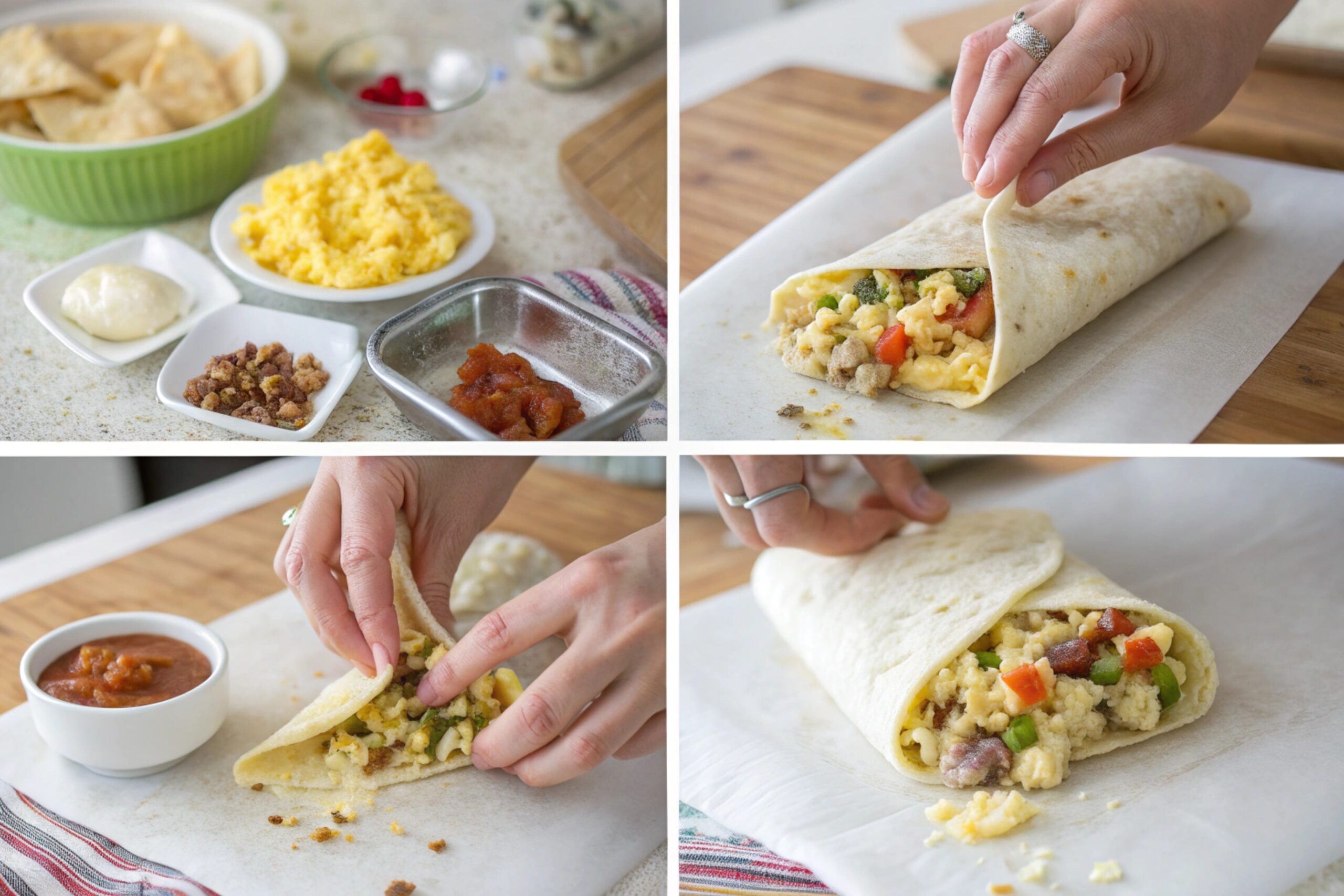 A series of images showing the step-by-step process of making a breakfast burrito, including preparing ingredients, assembling, rolling, and serving.