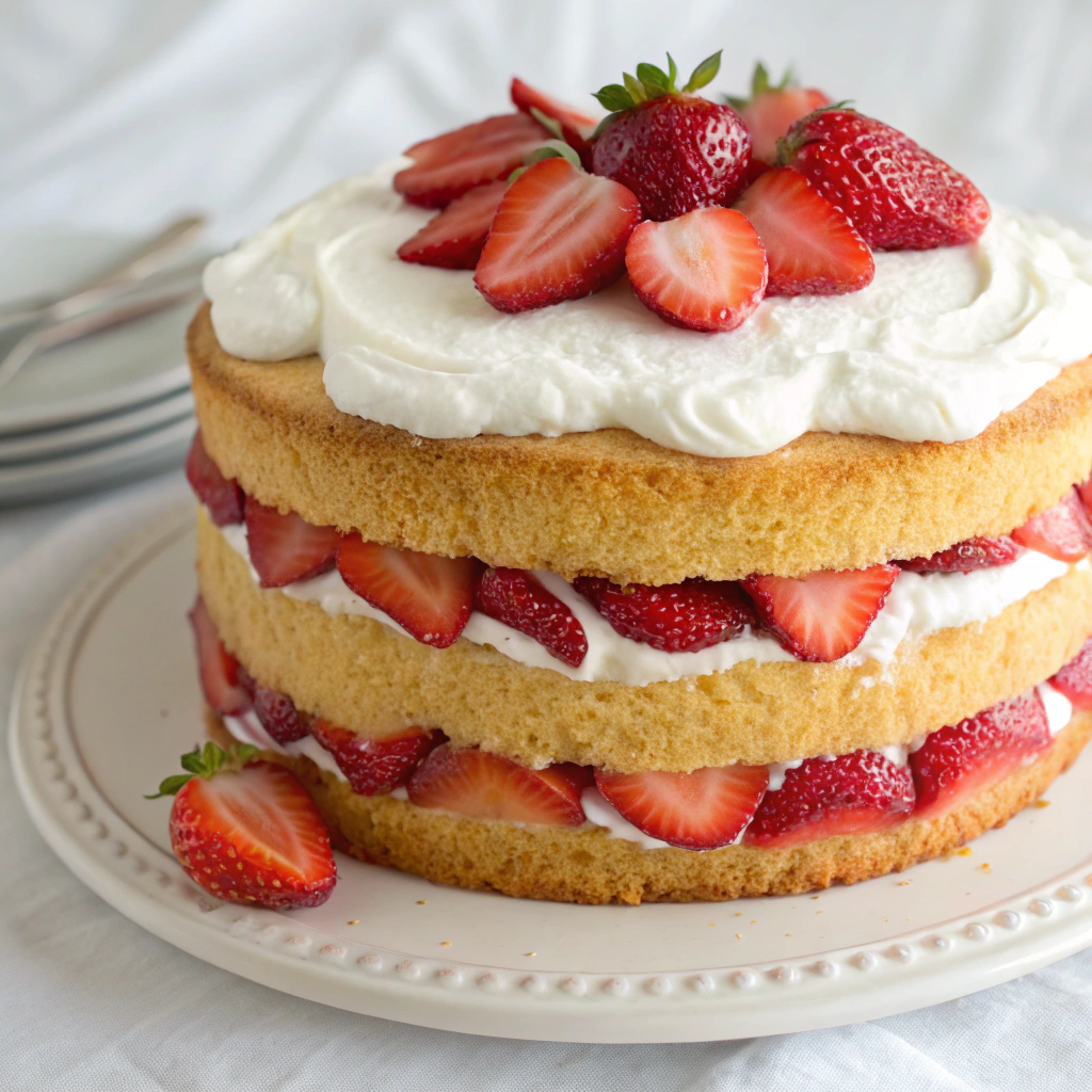 A delicious homemade strawberry shortcake topped with fresh strawberries and whipped cream on a white plate.