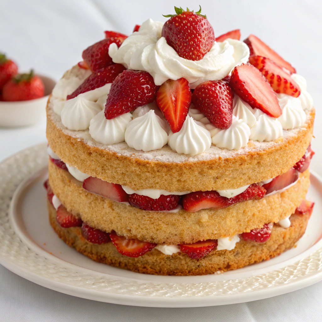 A delicious homemade strawberry shortcake topped with fresh strawberries and whipped cream on a white plate.