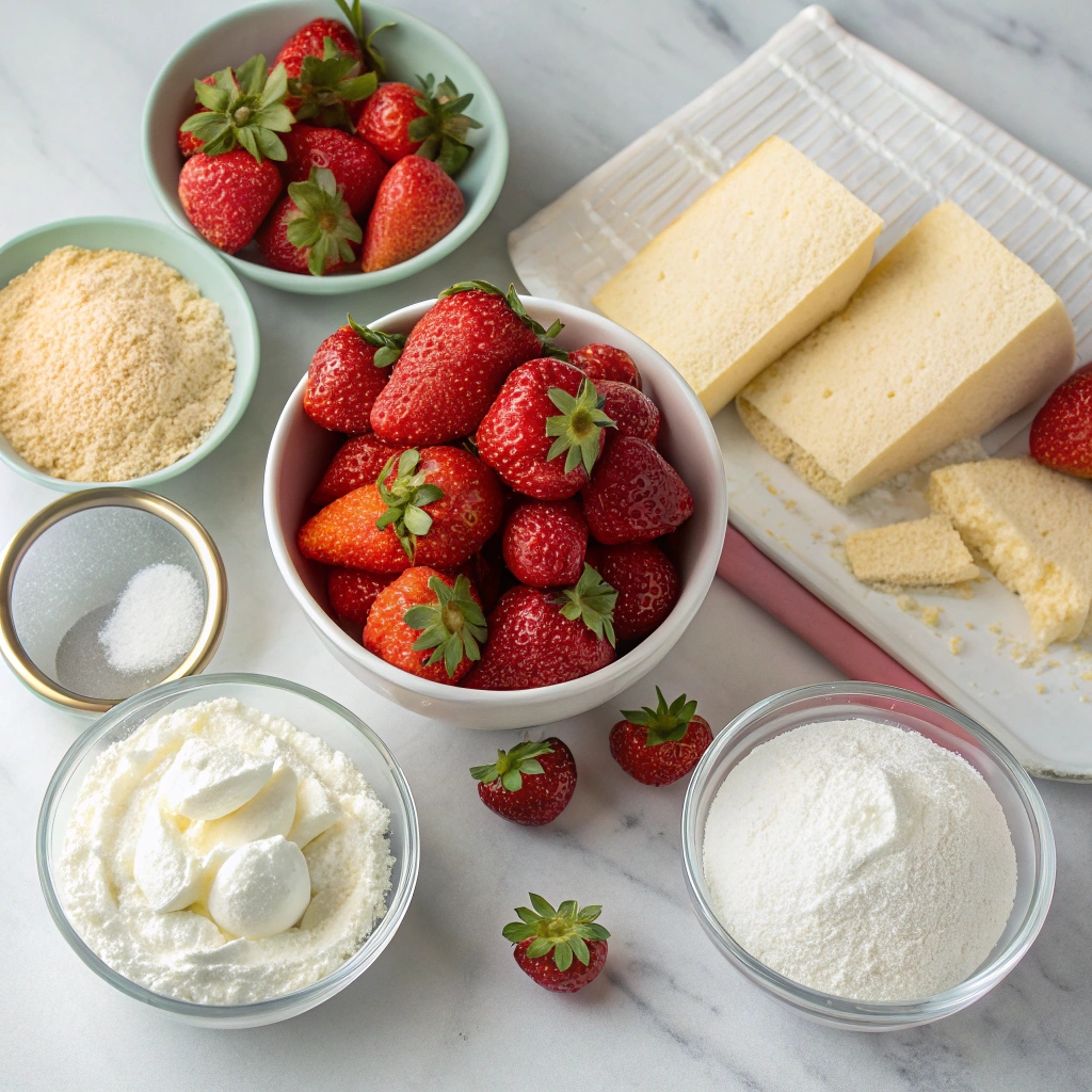 A delicious homemade strawberry shortcake topped with fresh strawberries and whipped cream on a white plate.