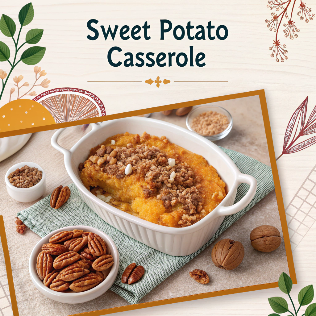 “Sweet potato casserole with marshmallow topping in a baking dish”