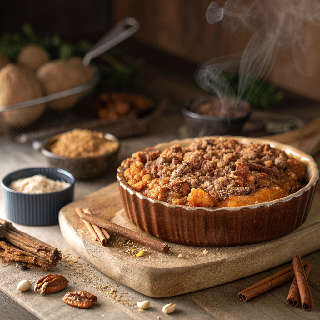 
“Sweet potato casserole with marshmallow topping in a baking dish”