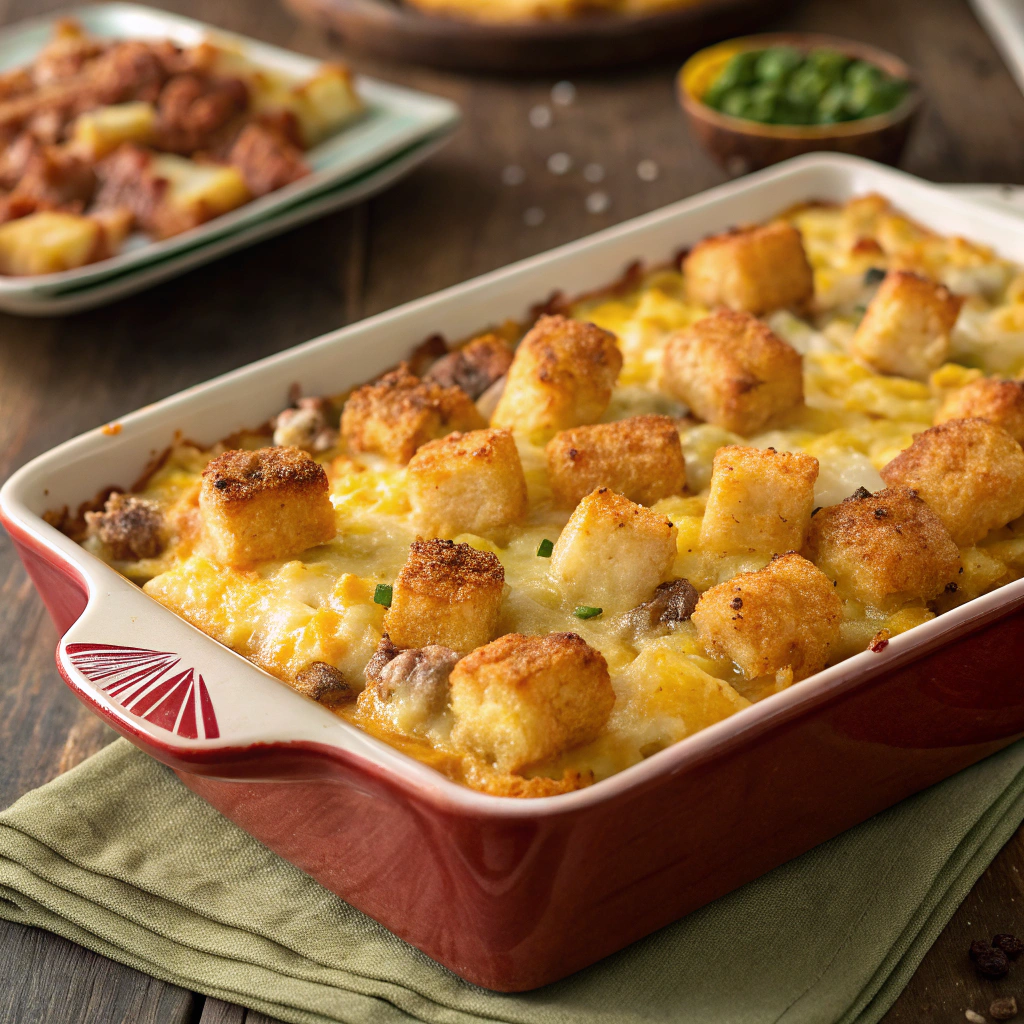 Delicious Tater Tot Breakfast Casserole topped with melted cheese and fresh herbs, perfect for brunch.