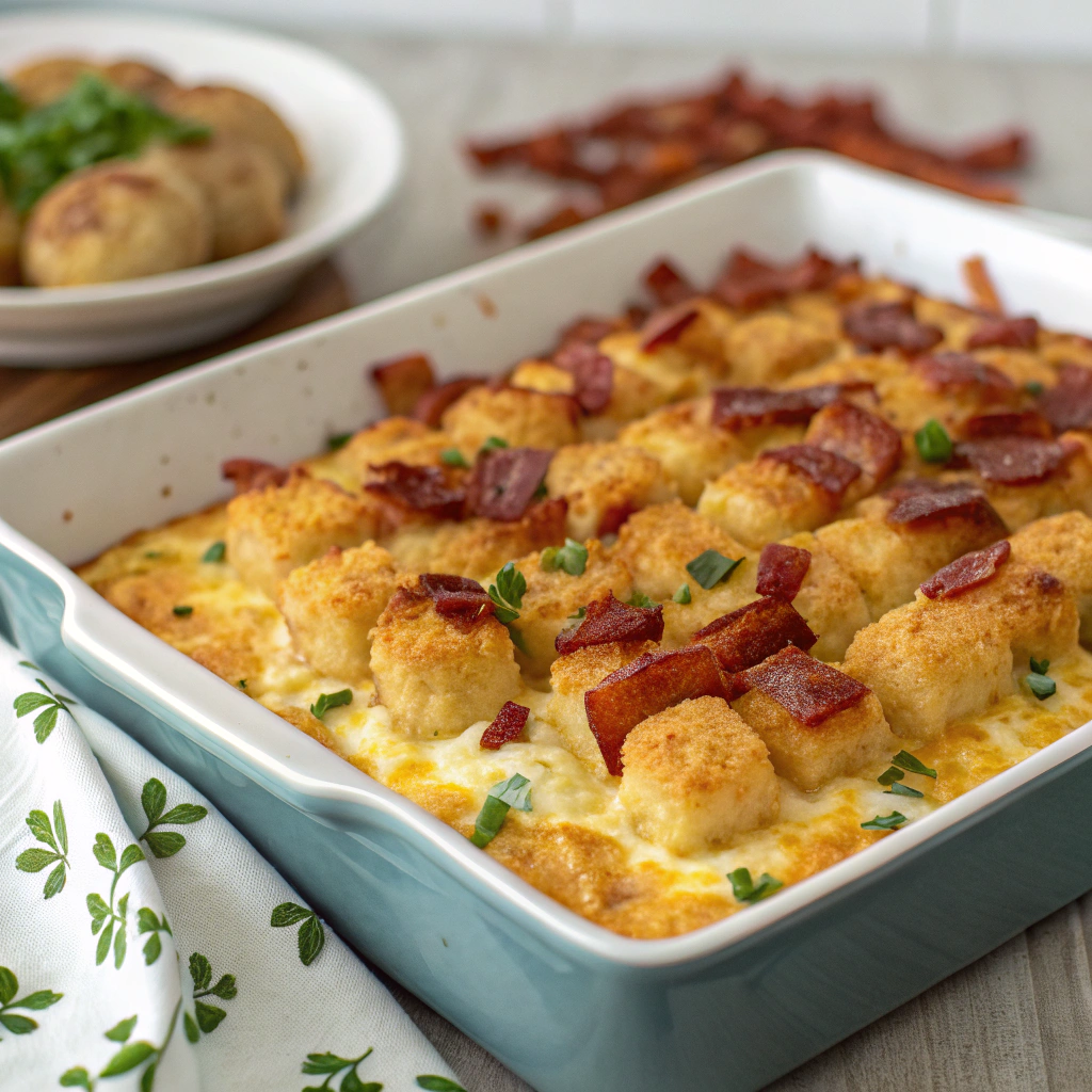 Delicious Tater Tot Breakfast Casserole topped with melted cheese and fresh herbs, perfect for brunch.