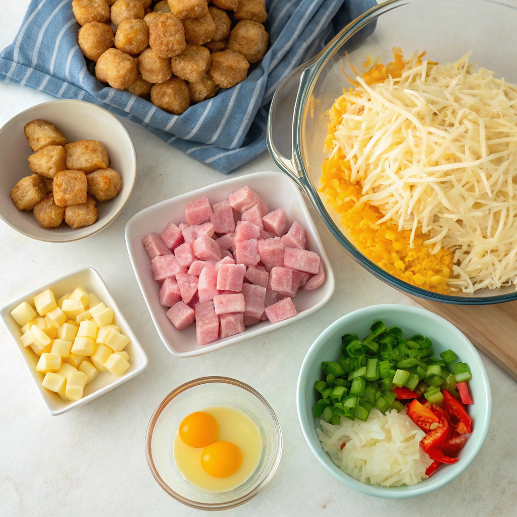 Delicious Tater Tot Breakfast Casserole topped with melted cheese and fresh herbs, perfect for brunch.