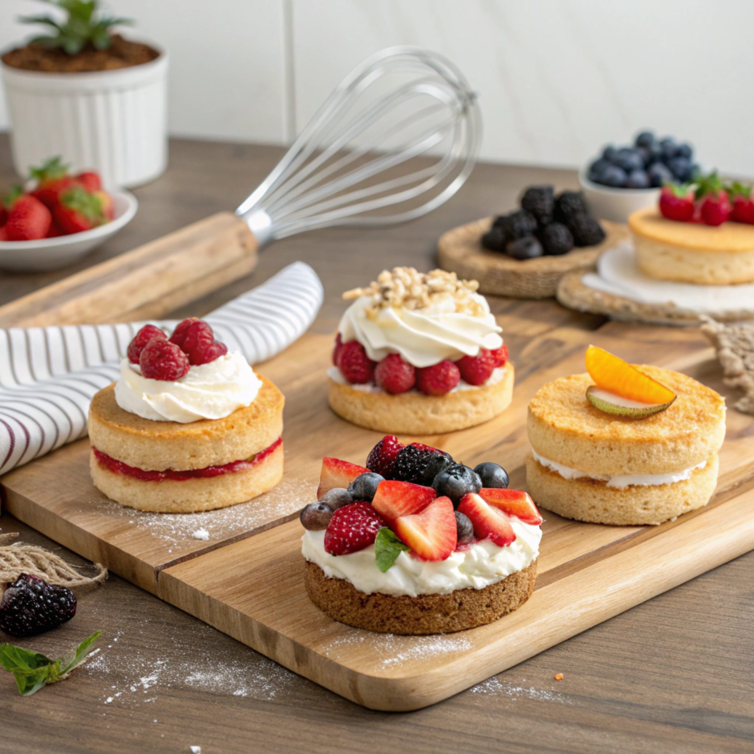 Assorted shortcake bases including biscuit, sponge cake, and pound cake, displayed on a wooden board.
