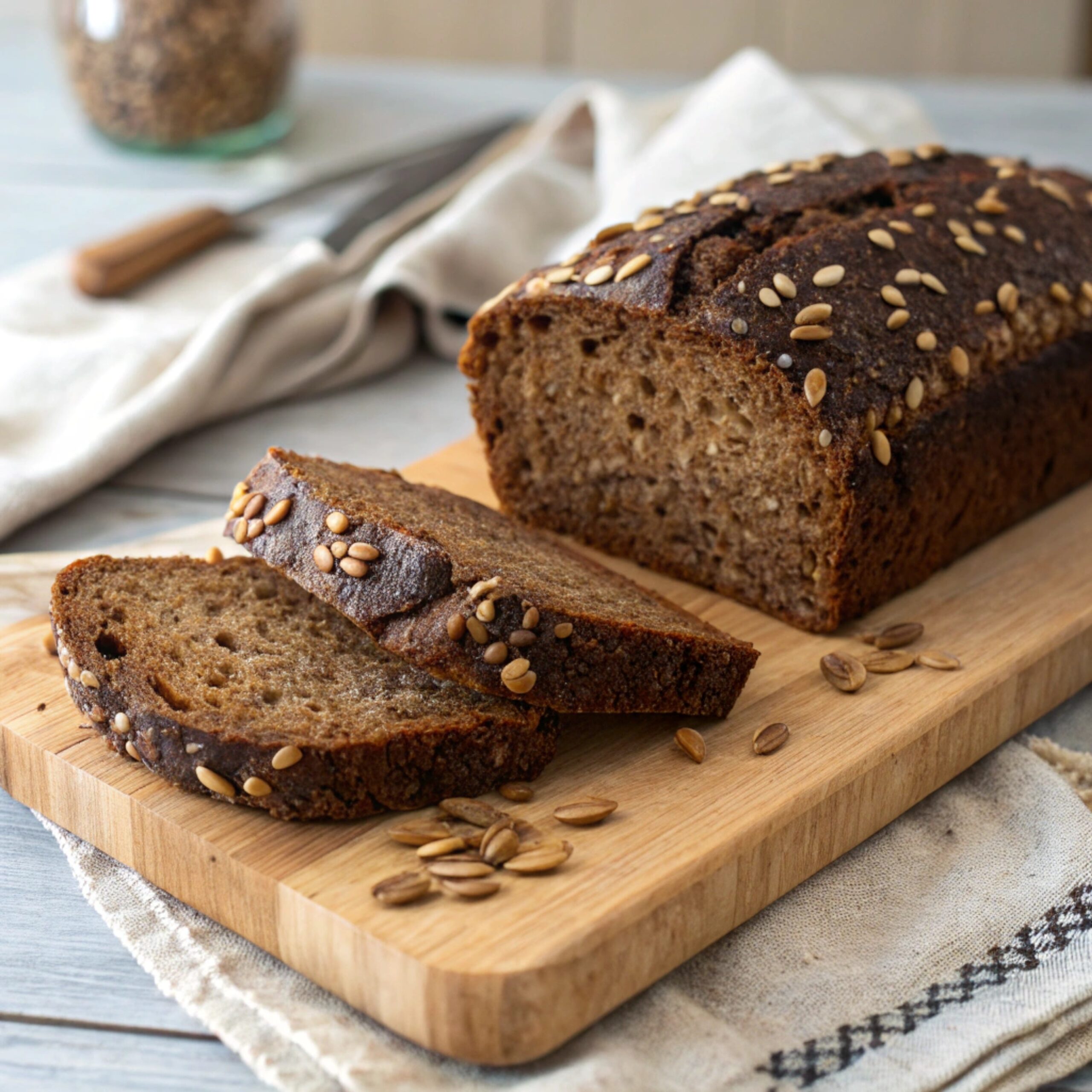 A beautifully sliced loaf of whole grain bread, showcasing its healthy texture and grains, perfect for homemade meals and nutritious baking.