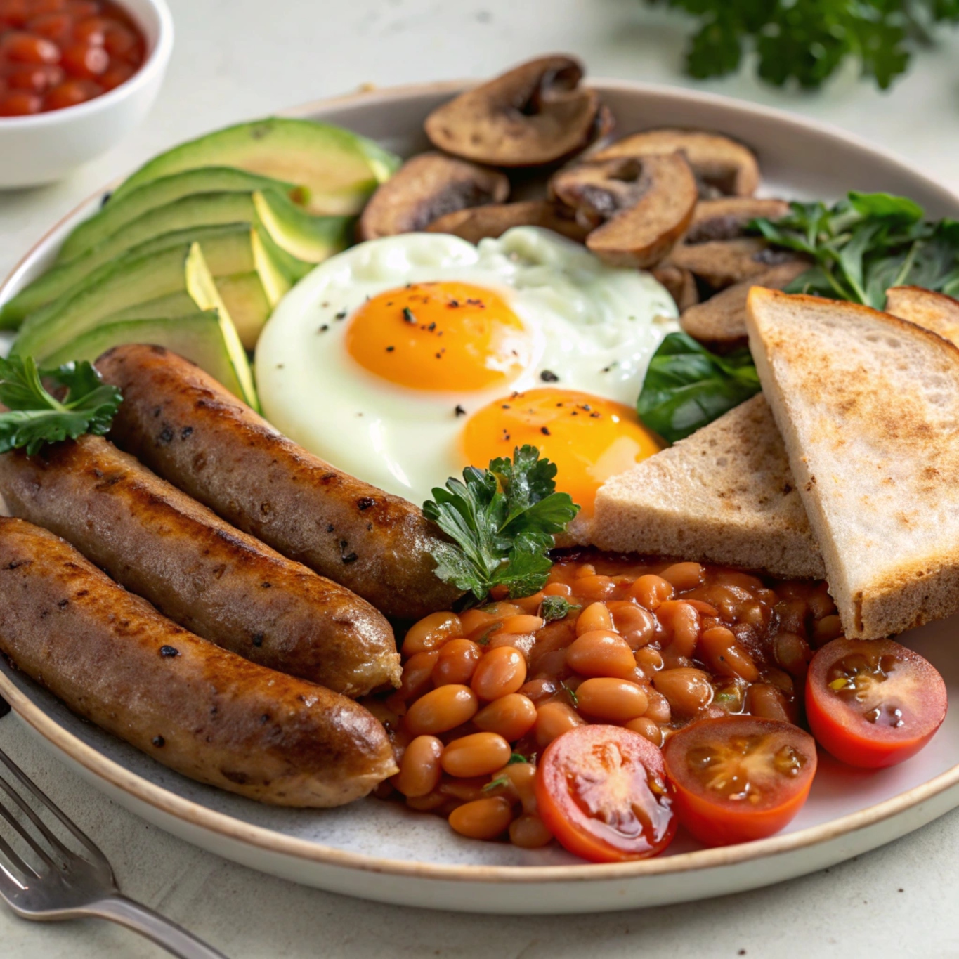 A healthy full English breakfast featuring poached eggs, grilled vegetables, turkey sausages, wholegrain toast, and fresh avocado slices.
