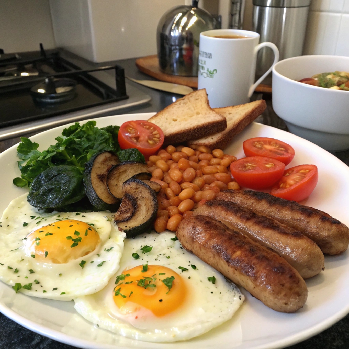 A close-up of a traditional English breakfast plate focusing on fried eggs, sausages, baked beans, grilled tomatoes, and mushrooms.