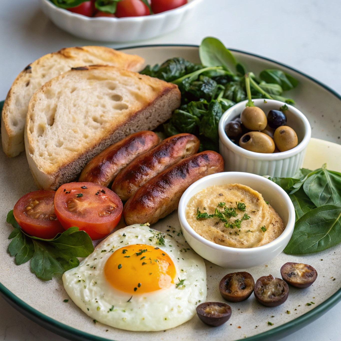 A Mediterranean-inspired full breakfast featuring poached eggs, grilled cherry tomatoes, roasted vegetables, fresh herbs, hummus, sliced cucumber, olives, and toasted sourdough bread.