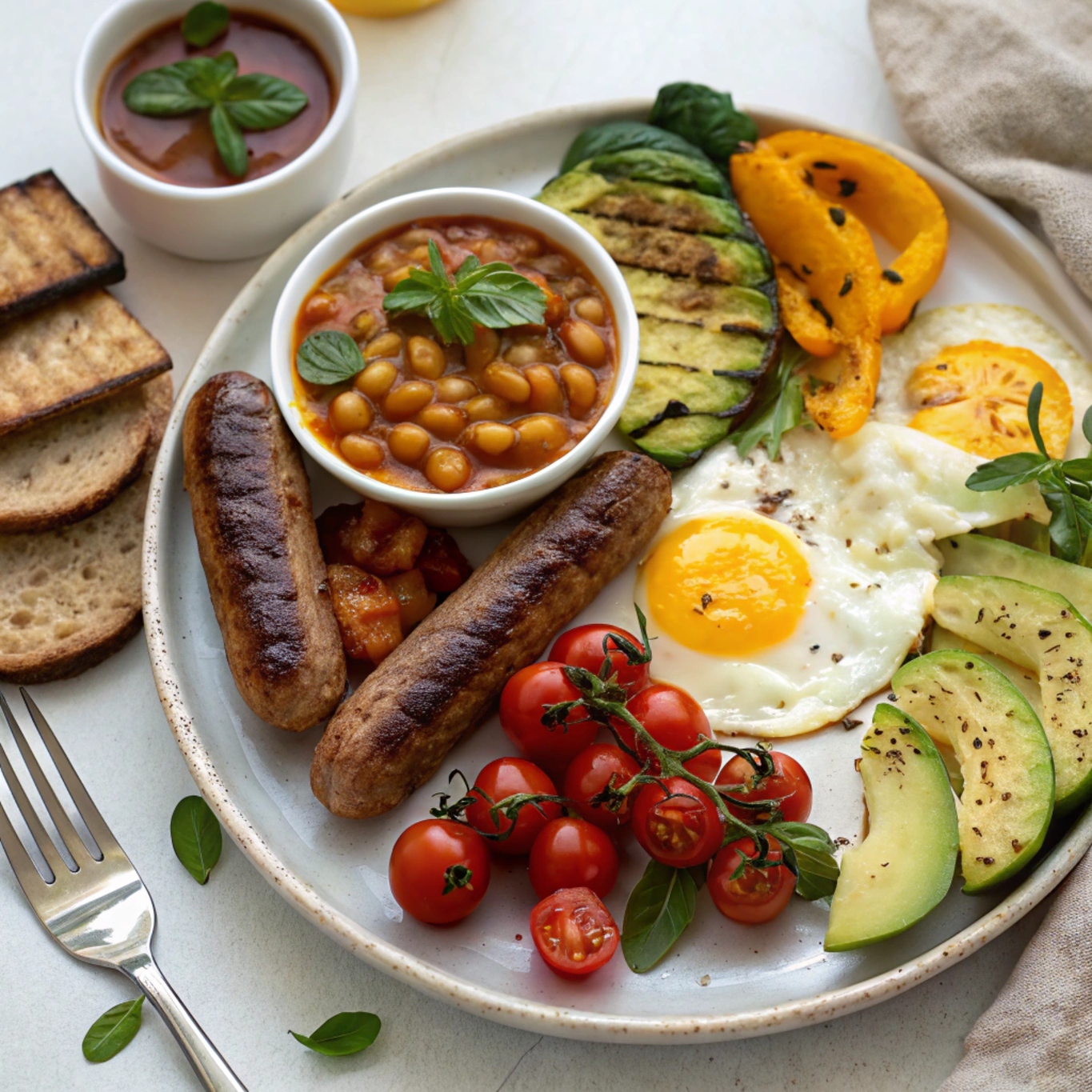 A vegetarian deluxe English breakfast plate with scrambled eggs, plant-based sausages, roasted vegetables, grilled halloumi, baked beans, and toasted bread with avocado.