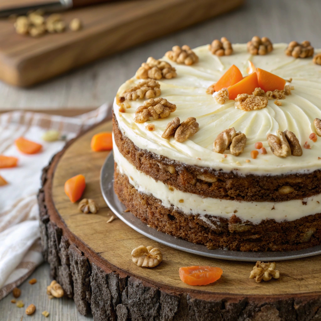 A beautifully decorated carrot cake topped with cream cheese frosting, walnuts, and a few carrot shavings.

