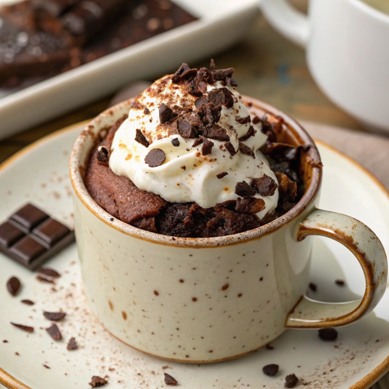A chocolate mug cake topped with whipped cream and chocolate shavings, served in a rustic mug on a plate.