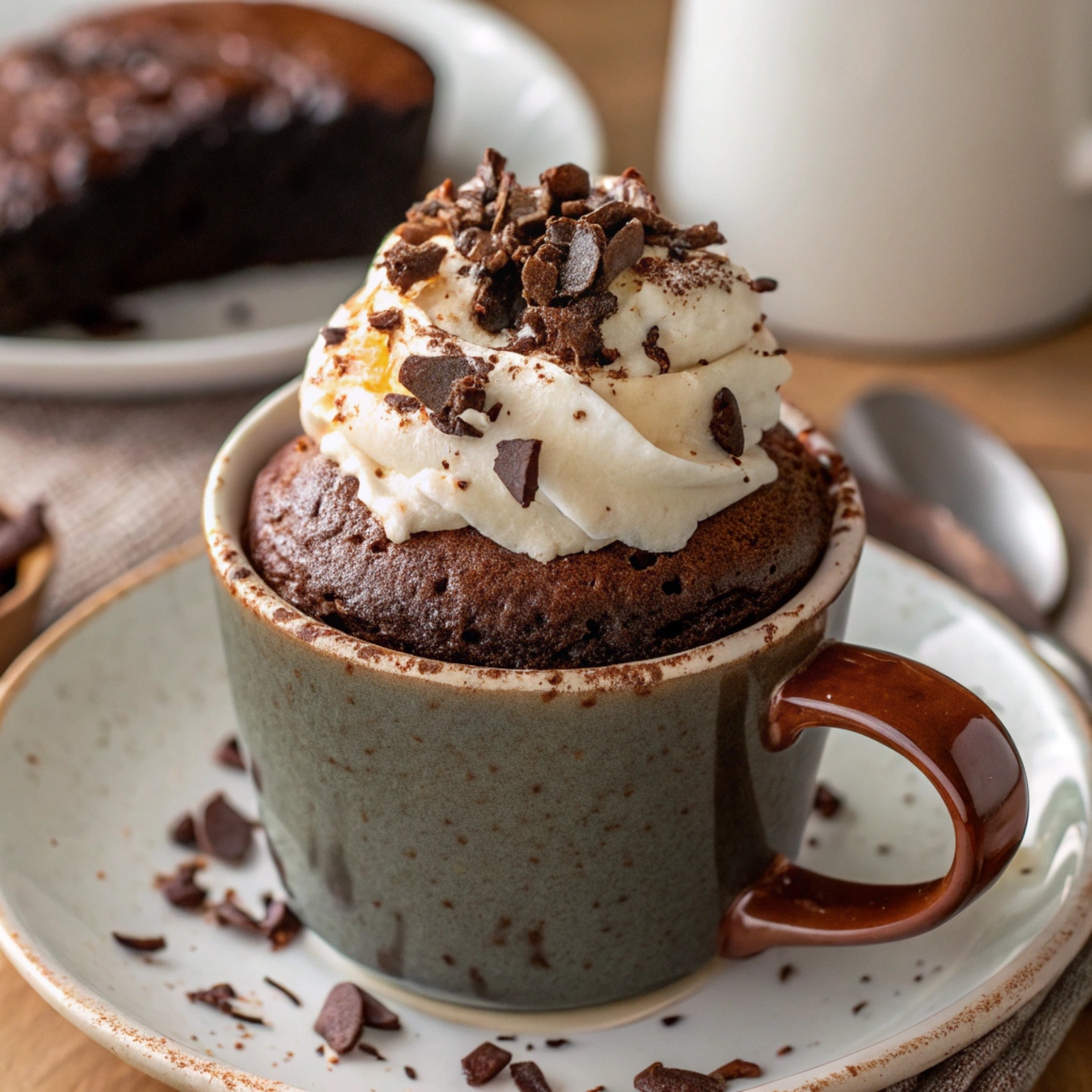 A close-up of a gooey Chocolate Mug Cake topped with whipped cream and chocolate shavings, served in a mug on a plate.