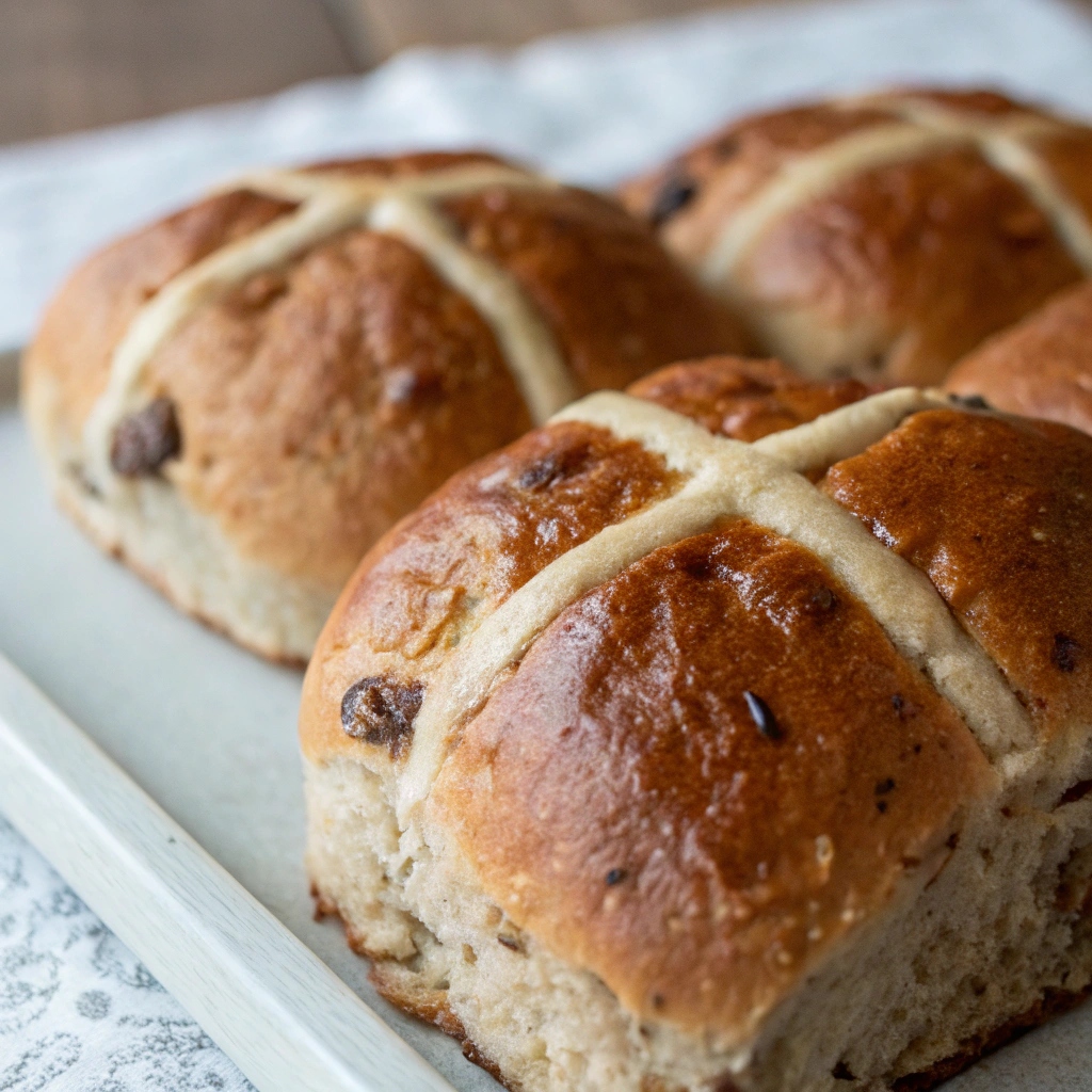 A close-up of the cross detail on a hot cross bun, showing the textured flour cross against the smooth, golden crust.
