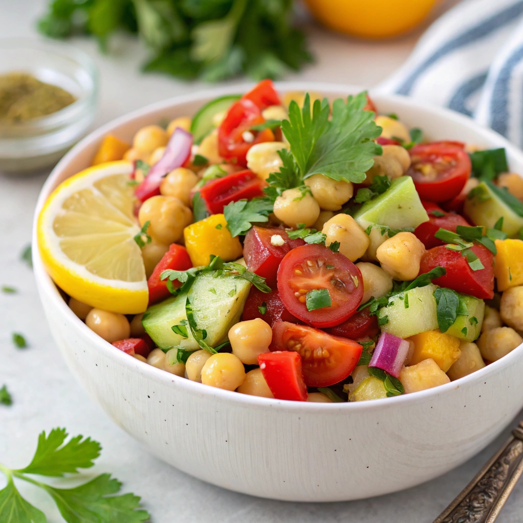 Colorful chickpea salad with fresh vegetables, herbs, and a light vinaigrette, served in a bowl