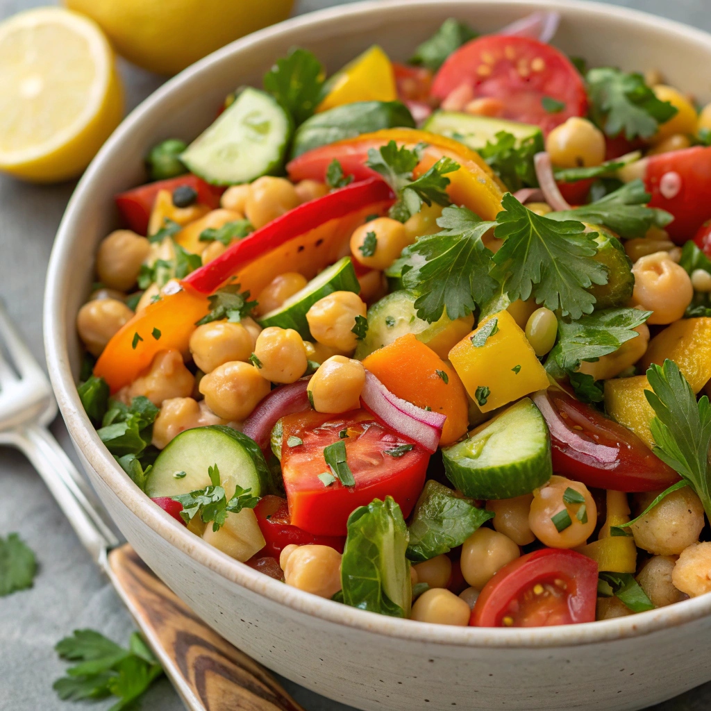 Close-up of chickpea salad with fresh vegetables, herbs, and drizzled dressing, showcasing vibrant colors and textures