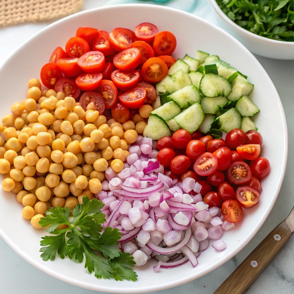 Assorted fresh ingredients for chickpea salad, including canned chickpeas, cucumbers, cherry tomatoes, onions, herbs, and olive oil