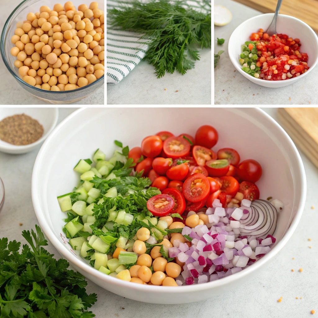 Optional ingredients for chickpea salad, including avocado, olives, shredded carrots, feta cheese, and seeds