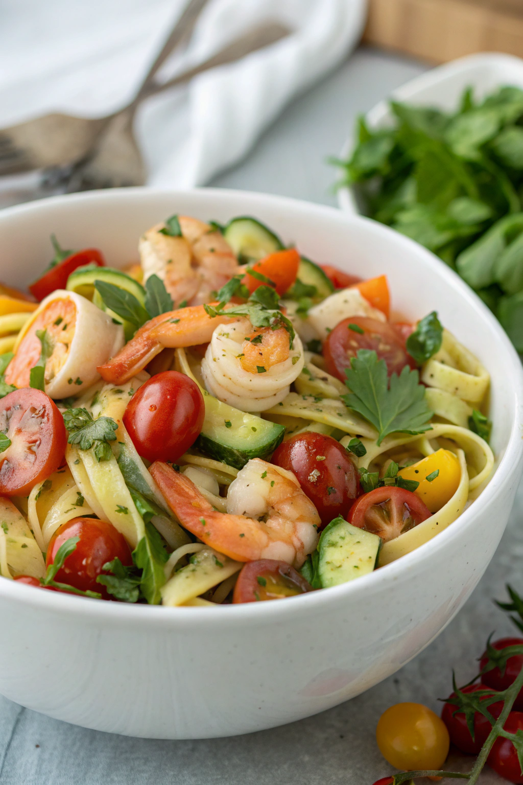 A vibrant plate of shrimp pasta salad topped with fresh herbs, garnished with lemon wedges.