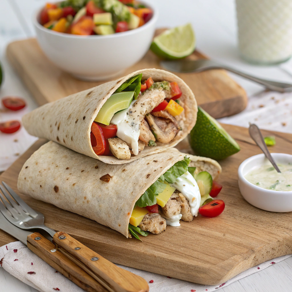 A colorful plate featuring chicken avocado wraps filled with shredded chicken, creamy avocado, fresh vegetables, wrapped in tortillas, and sliced in half to reveal the filling.