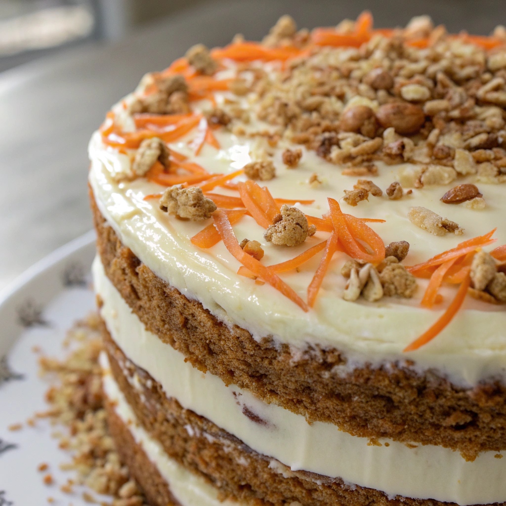  A layered carrot cake being frosted with cream cheese frosting, with decorations like chopped nuts and carrot shavings on top.