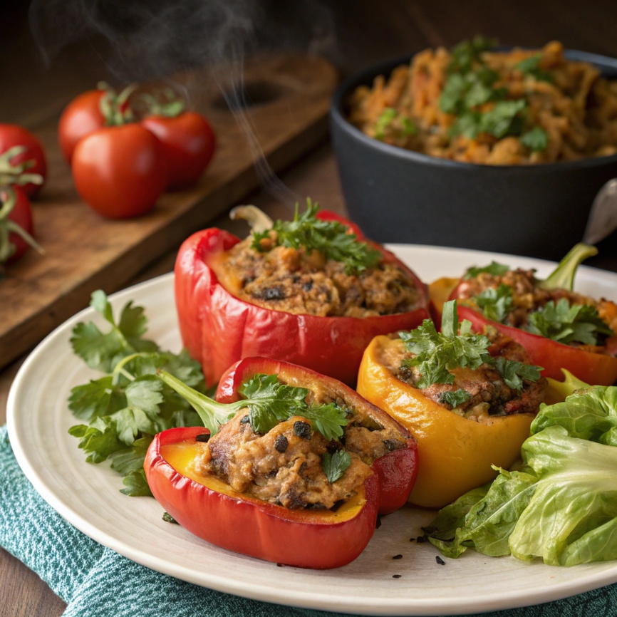 A plate of finished stuffed peppers garnished with fresh herbs, served hot with a side dish.