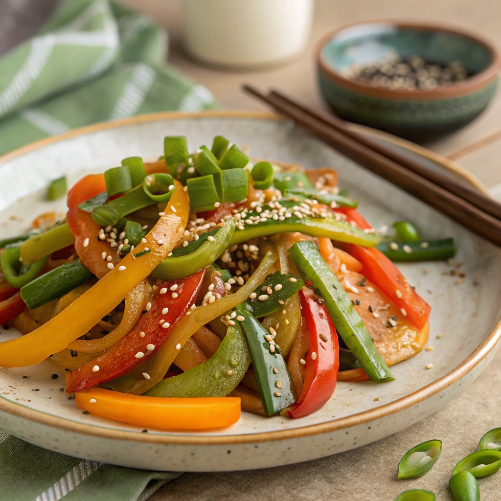 A served vegetable stir-fry plated on a dish, garnished with green onions and sesame seeds.
