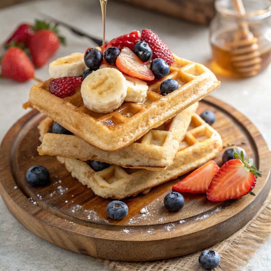  A stack of whole wheat waffles topped with fresh berries, banana slices, and a drizzle of honey on a rustic plate.