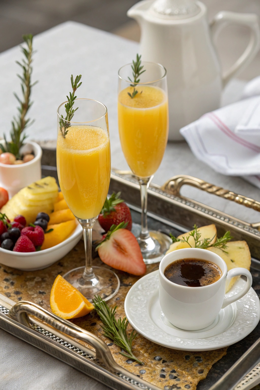 A tray of elegant brunch beverages including mimosas, coffee, and herbal tea with fresh fruit and herbs  