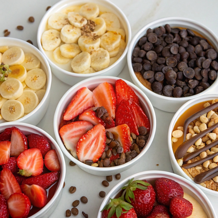 A variety of toppings including sliced bananas, strawberries, chocolate chips, nuts, and syrup arranged in small bowls.