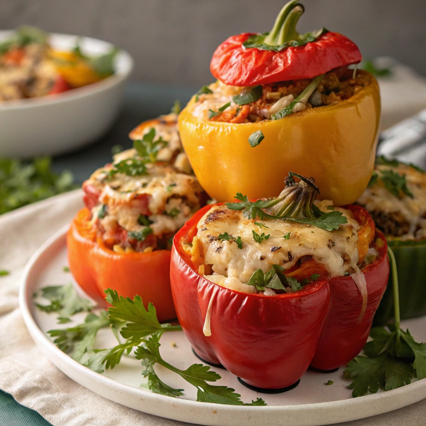 A vibrant stack of freshly baked stuffed peppers topped with melted cheese and garnished with herbs, ready to be served.