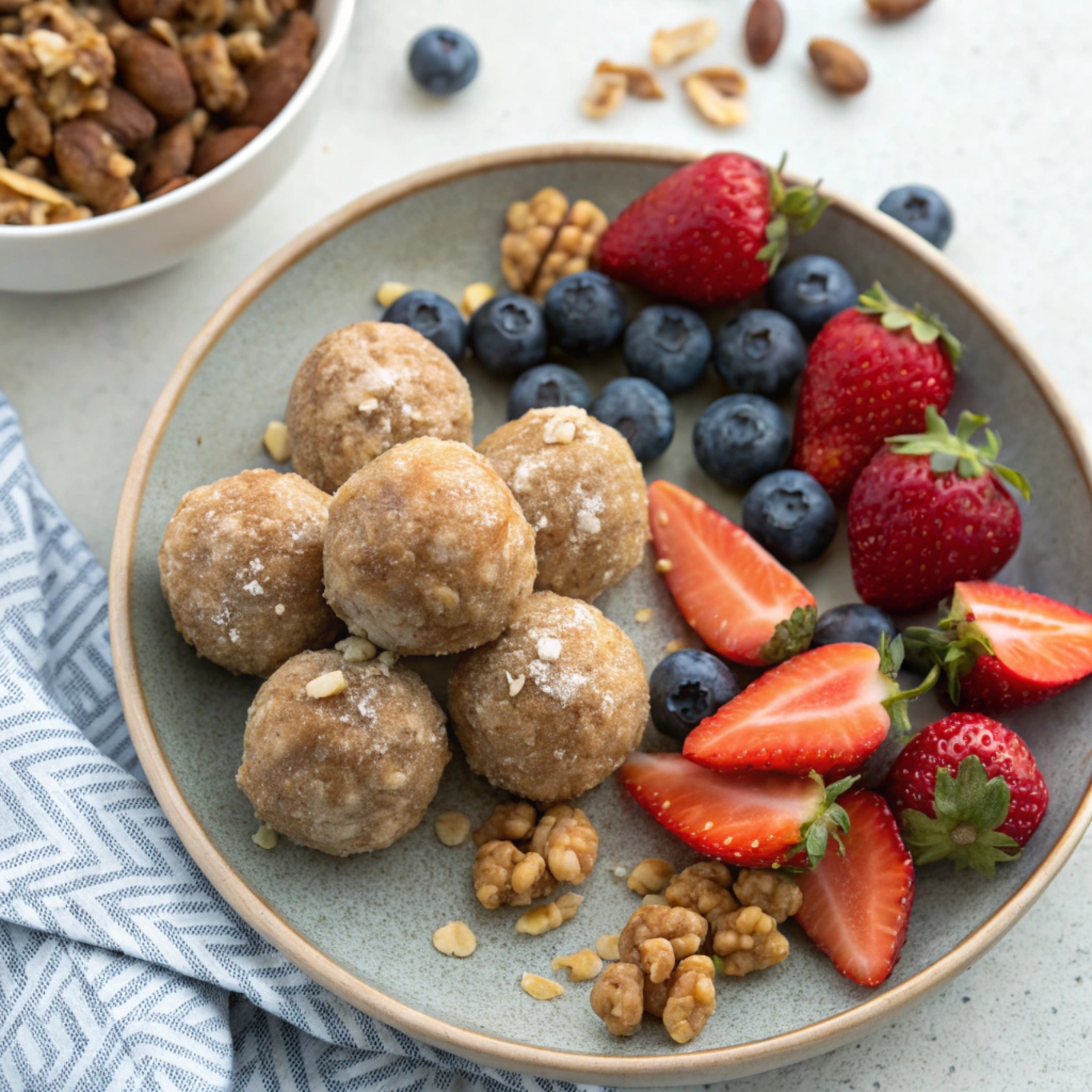 Almond Butter Date Balls served on a plate with fresh fruit and nuts, ready to enjoy.