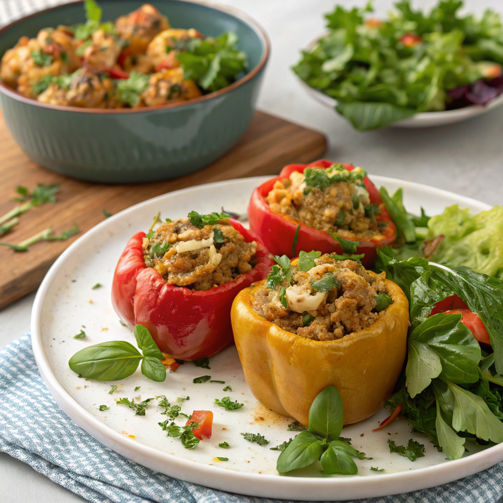An appealing plate of stuffed peppers served with fresh herbs and a side salad.