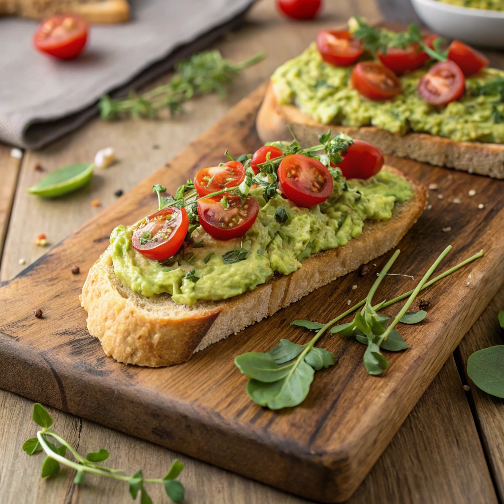 Avocado toast topped with cherry tomatoes and herbs on a rustic wooden board