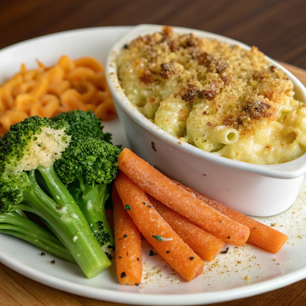 Baked mac and cheese served with steamed broccoli and roasted carrots on a plate