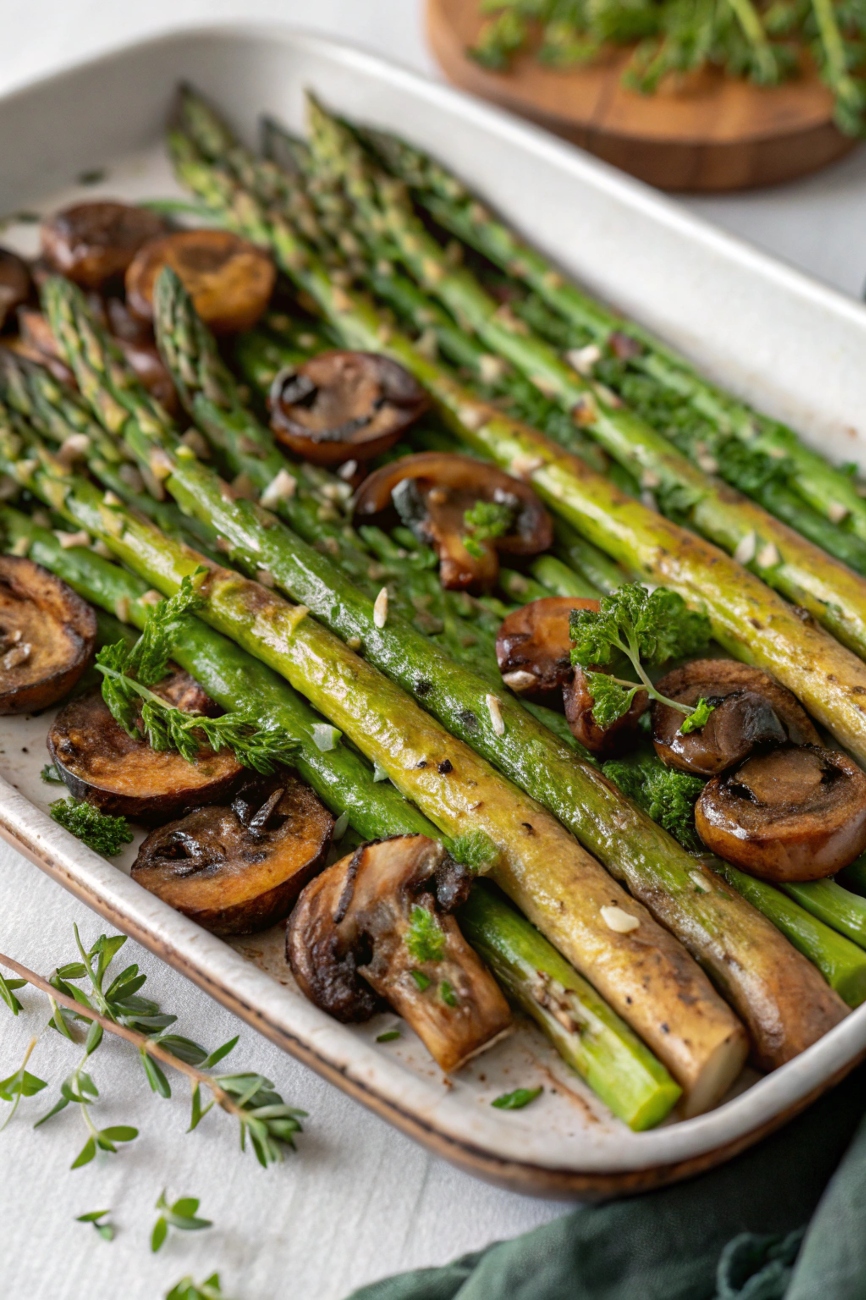 Beautiful roasted asparagus with mushrooms on a platter, garnished with fresh herbs  