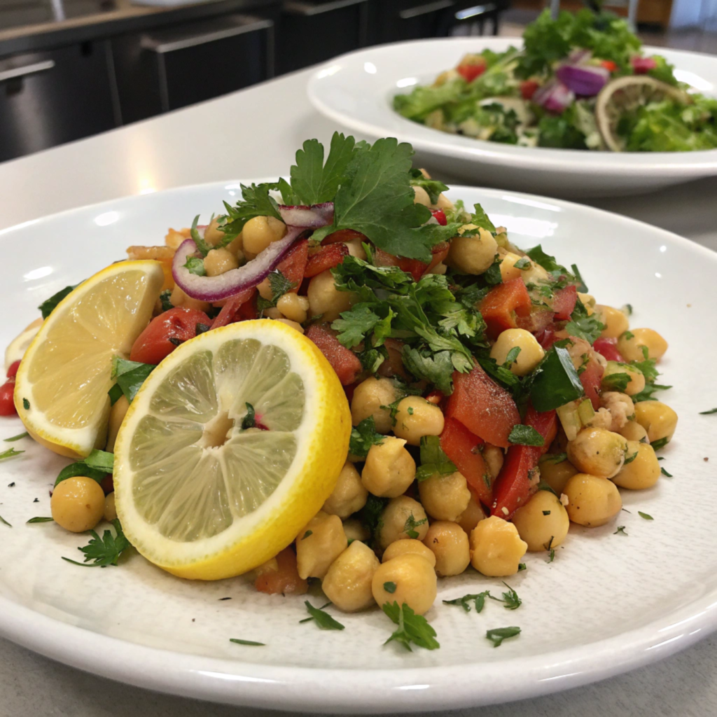 Beautifully plated chickpea salad garnished with herbs and lemon slices, ready to serve