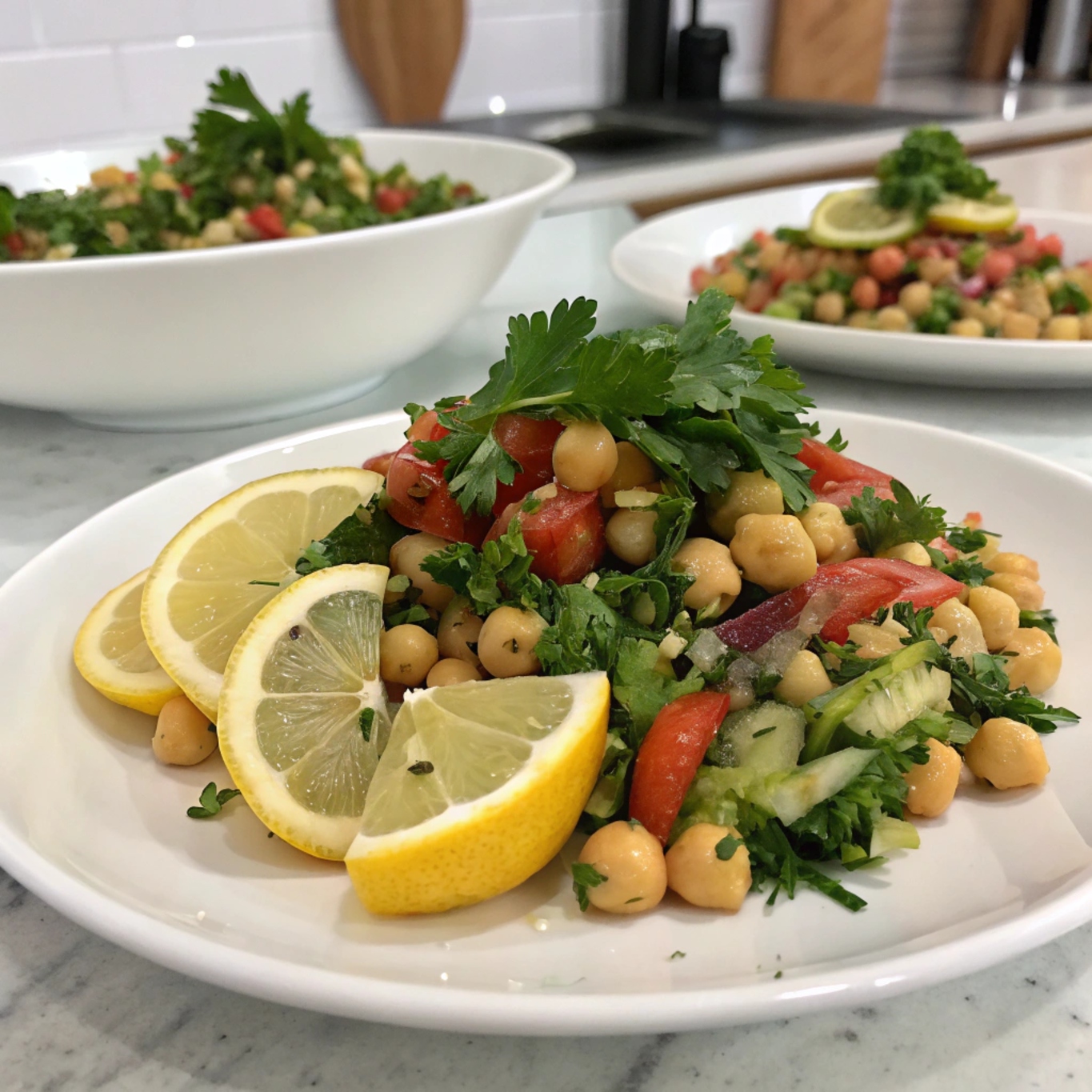 Served bowl of chickpea salad garnished with herbs, ready to enjoy