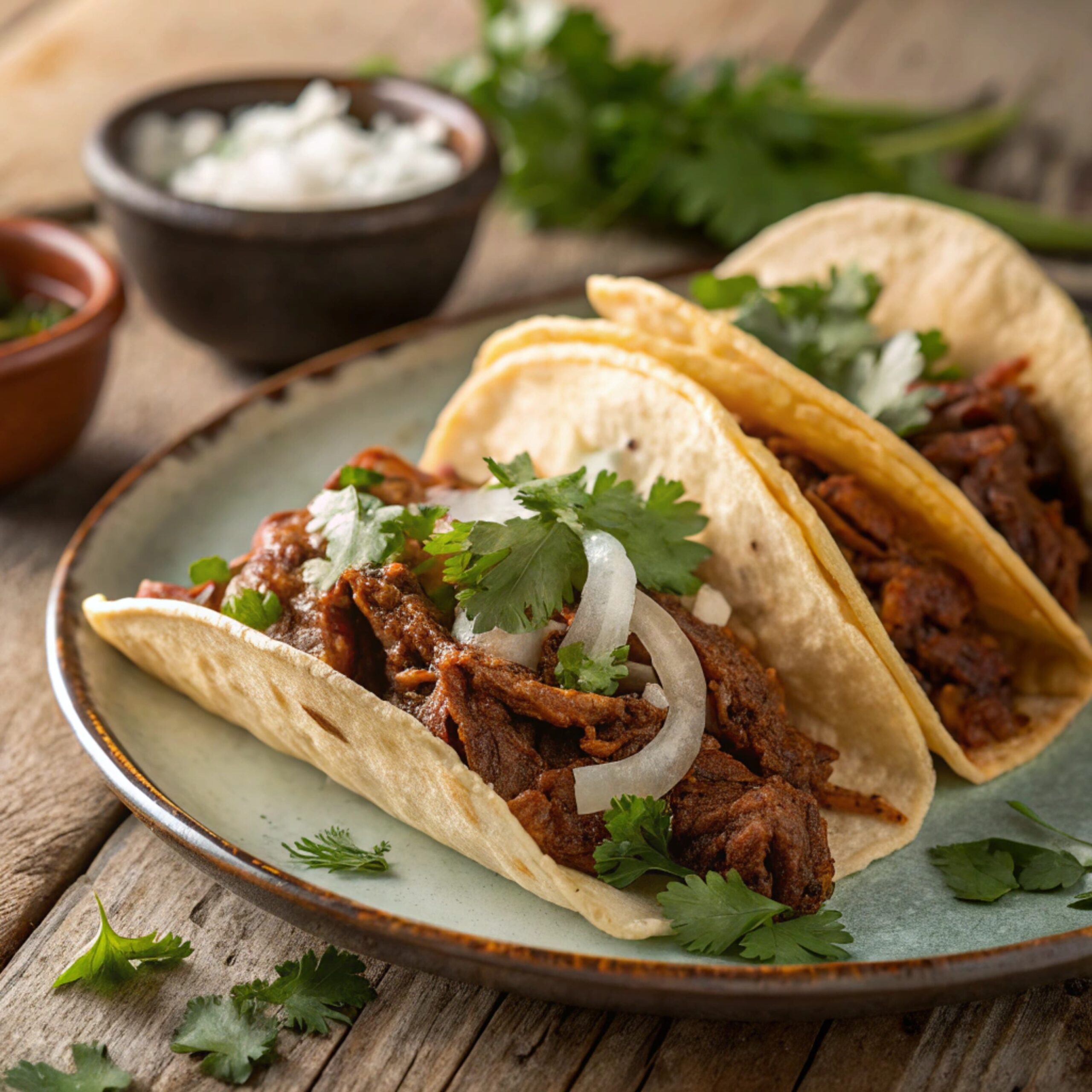 Wrapped and crispy birria tacos filled with shredded meat and melted cheese, garnished with cilantro and lime, with bowls of flavorful consomé beside them.