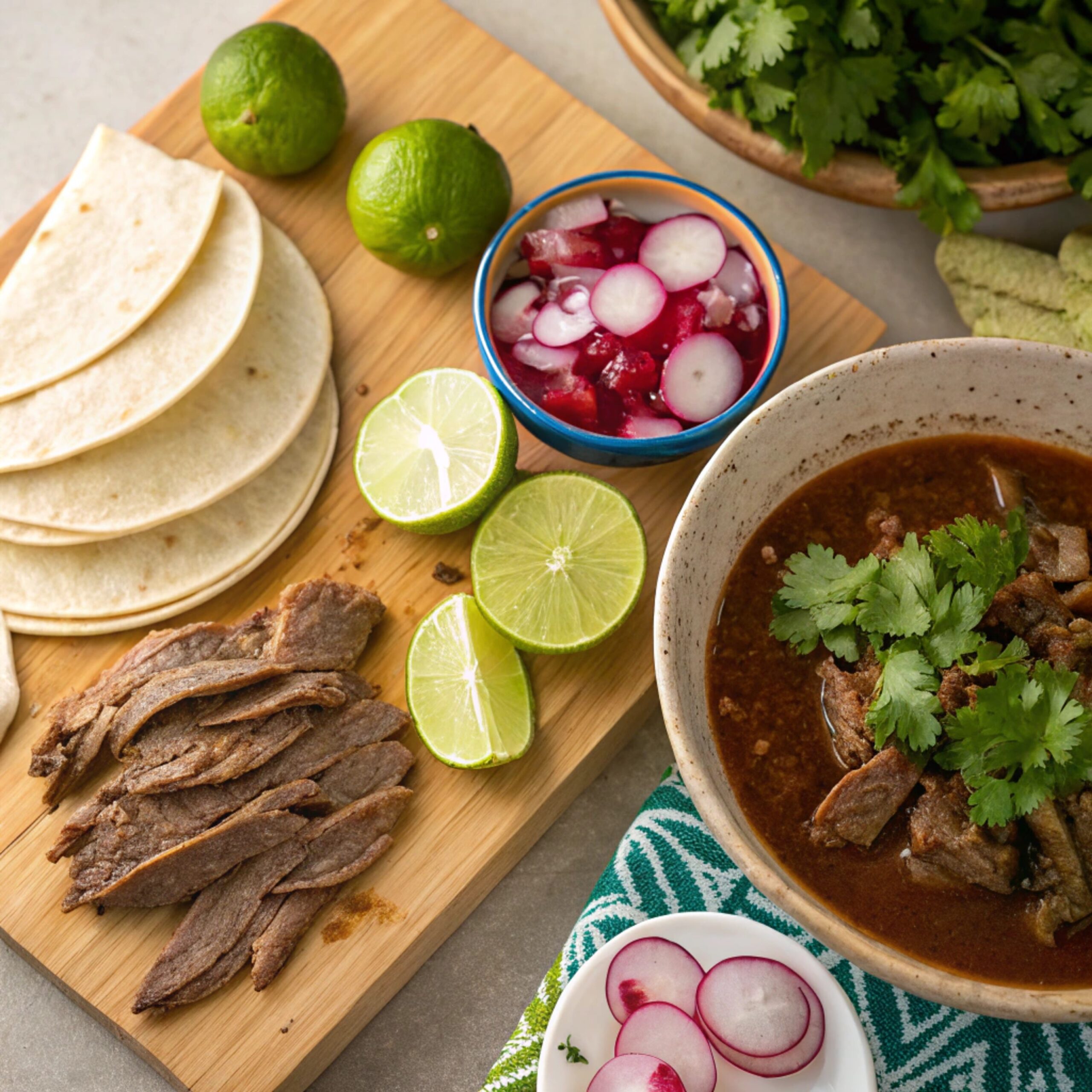 Arrangement of ingredients for birria tacos recipe including dried chiles, beef, tomatoes, onions, garlic, spices, tortillas, cheese, and fresh herbs