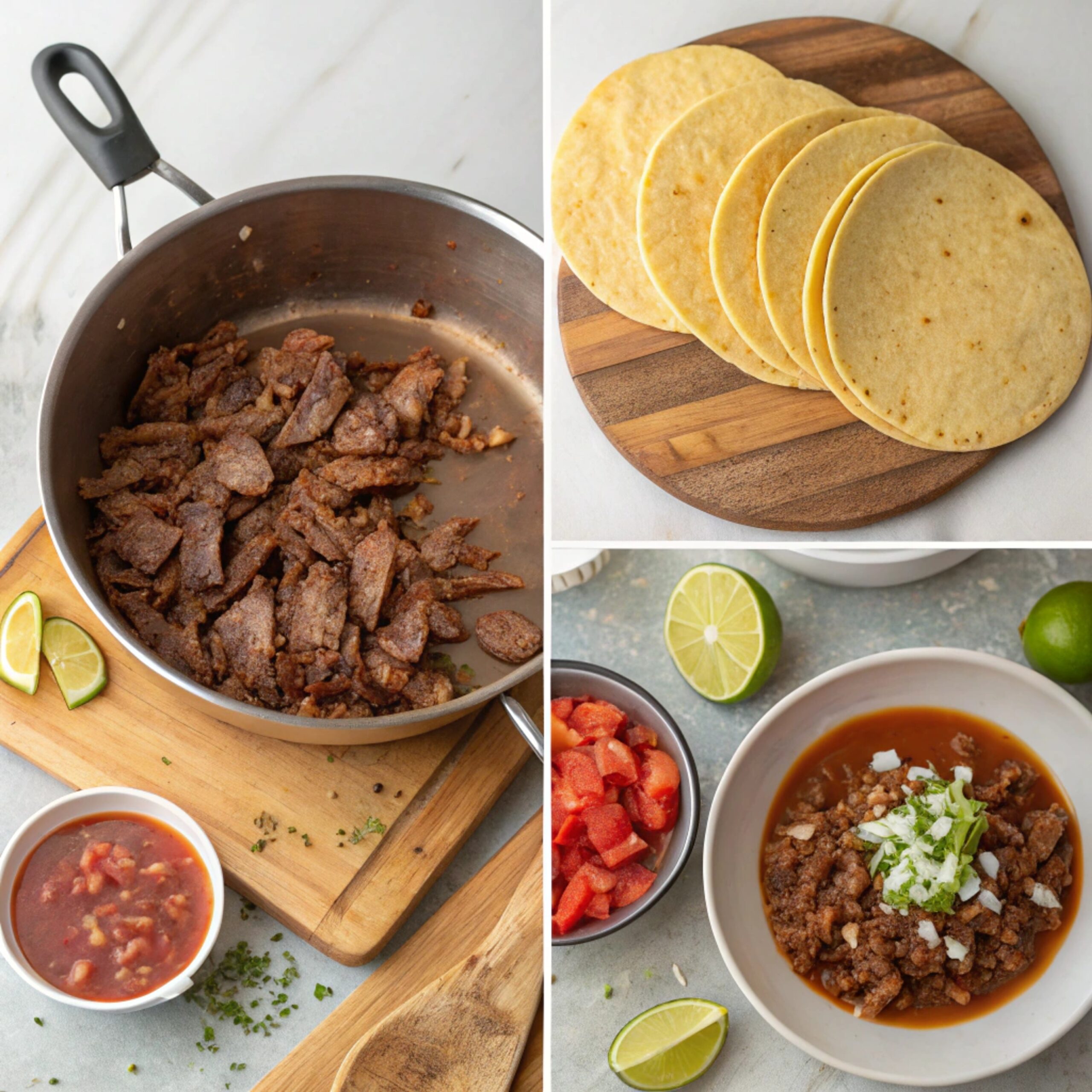A step-by-step visual guide showing the process of preparing birria tacos, including marinating meat, cooking, shredding, assembling, and frying tacos.