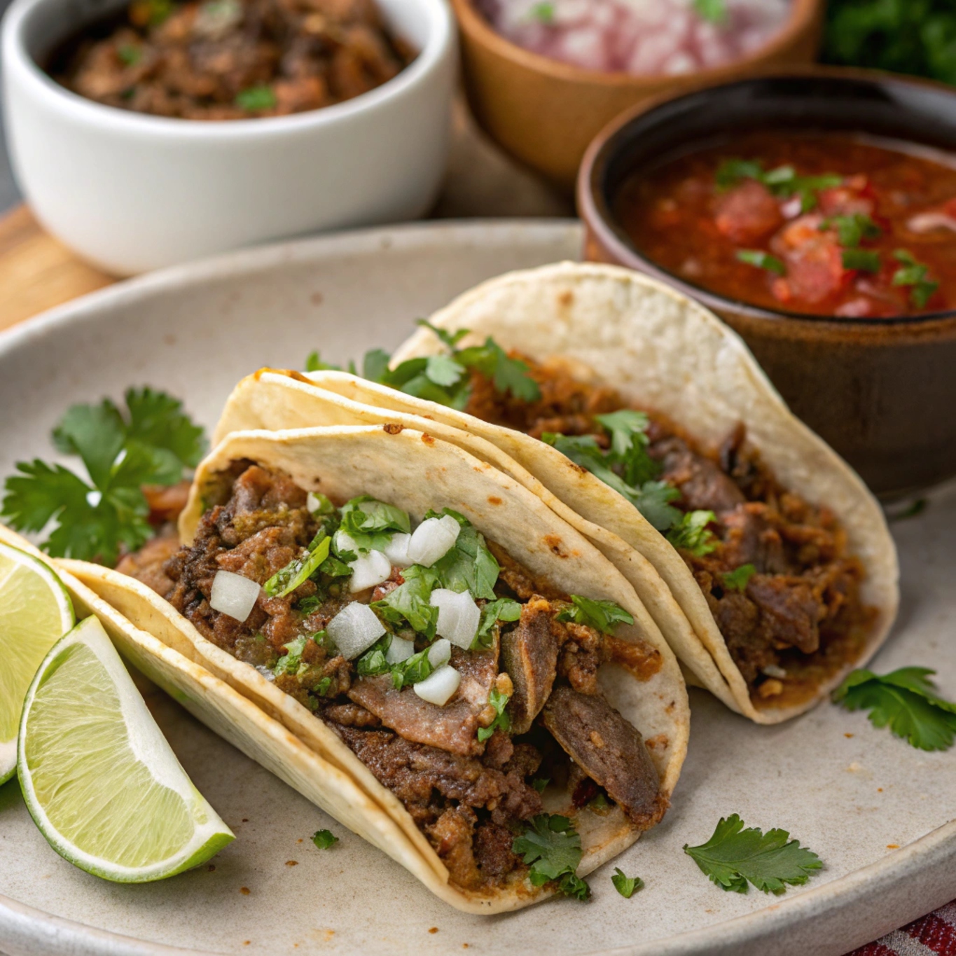 Stack of crispy birria tacos filled with shredded meat and cheese, garnished with cilantro and onions, served with a side of spicy consomé.