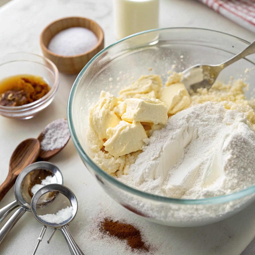 Bowl of softened cream cheese and butter being mixed with vanilla extract and powdered sugar to make cream cheese frosting for carrot cake recipe 