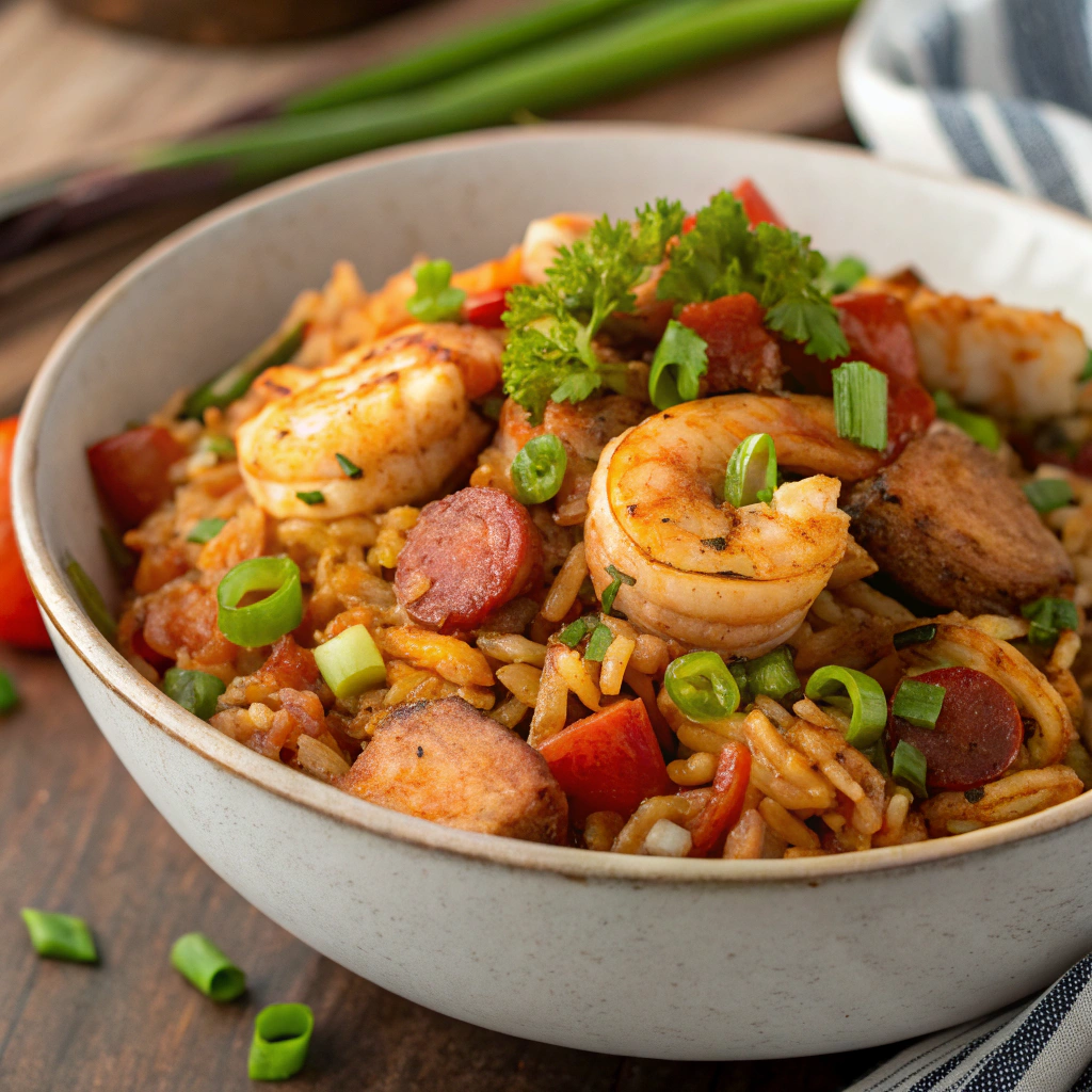 A vibrant bowl of Cajun jambalaya recipe showcasing rice, chicken, sausage, and vegetables—perfect for a hearty dinner.