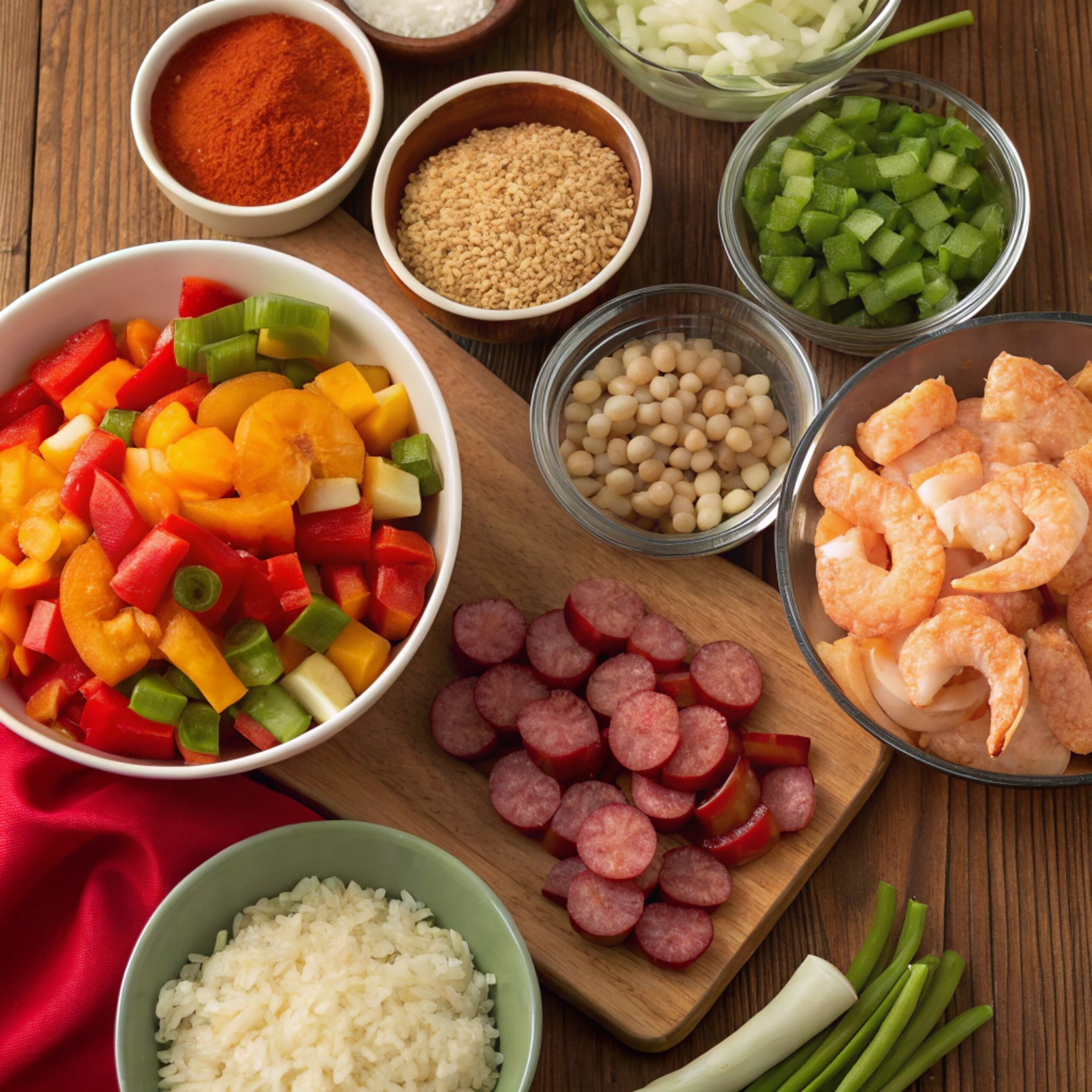 A vibrant bowl of Cajun jambalaya showcasing rice, chicken, sausage, and vegetables—perfect for a hearty dinner.