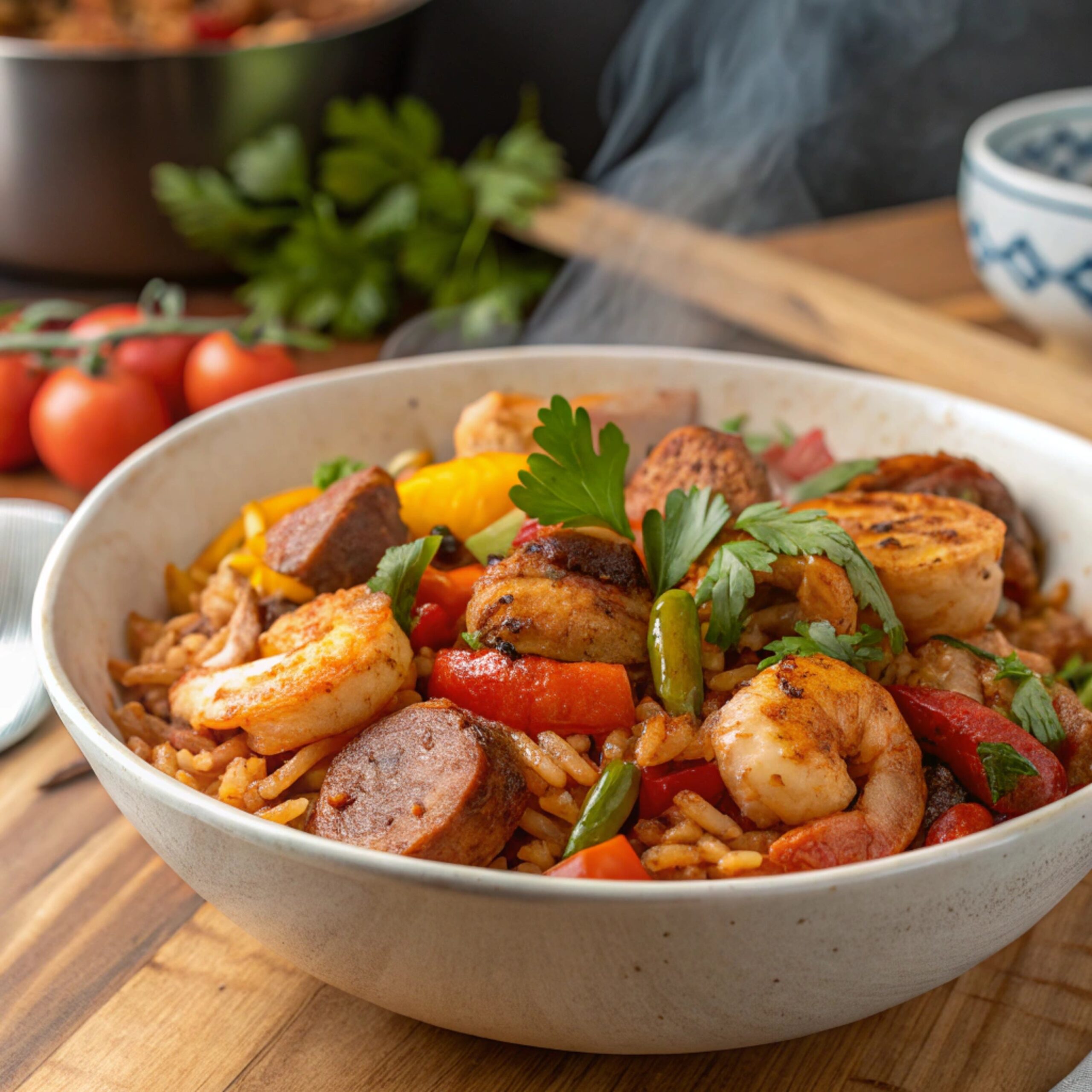 A plated serving of Cajun jambalaya featuring rice, sausage, chicken, shrimp, and vegetables garnished with herbs.